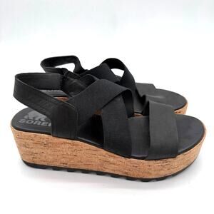 Sorel Cameron Flatform Slingback Active Leather Cork Comfort Sandal Black 8